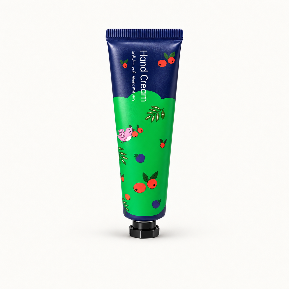 Alluring Wild Berry hand cream on warm ivory background