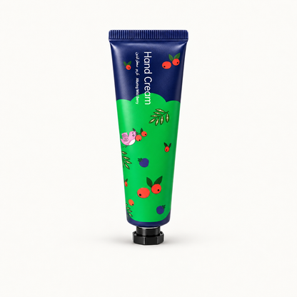 Alluring Wild Berry hand cream on warm ivory background