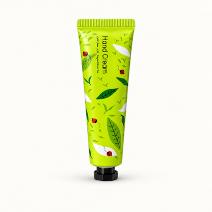 Fragrant Green Tea hand cream on warm ivory background