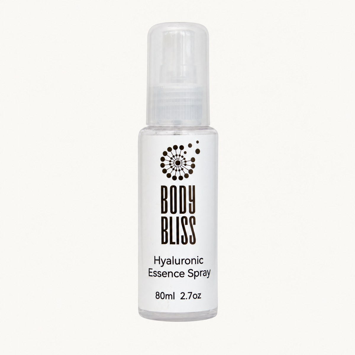 Body Bliss Hyaluronic Essence Spray 80ml bottle on a warm ivory background