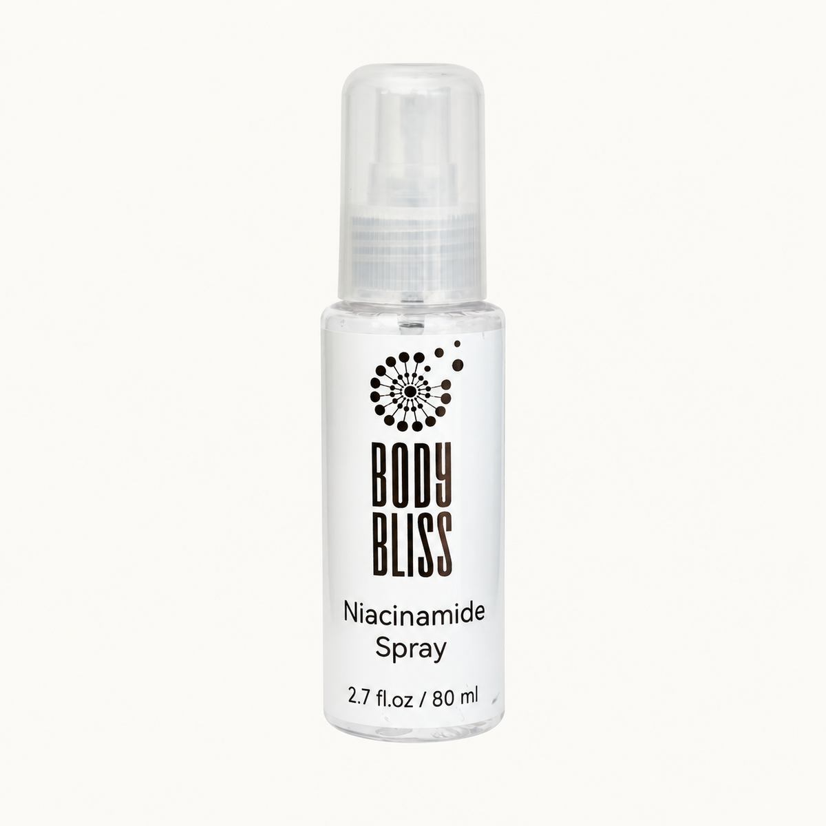 Body Bliss Niacinamide Spray 80ml bottle on a warm ivory background