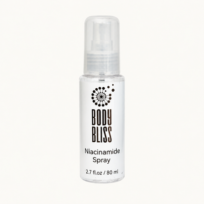 Body Bliss Niacinamide Spray 80ml bottle on a warm ivory background