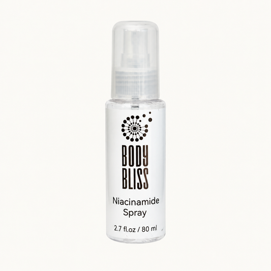 Body Bliss Niacinamide Spray 80ml bottle on a warm ivory background