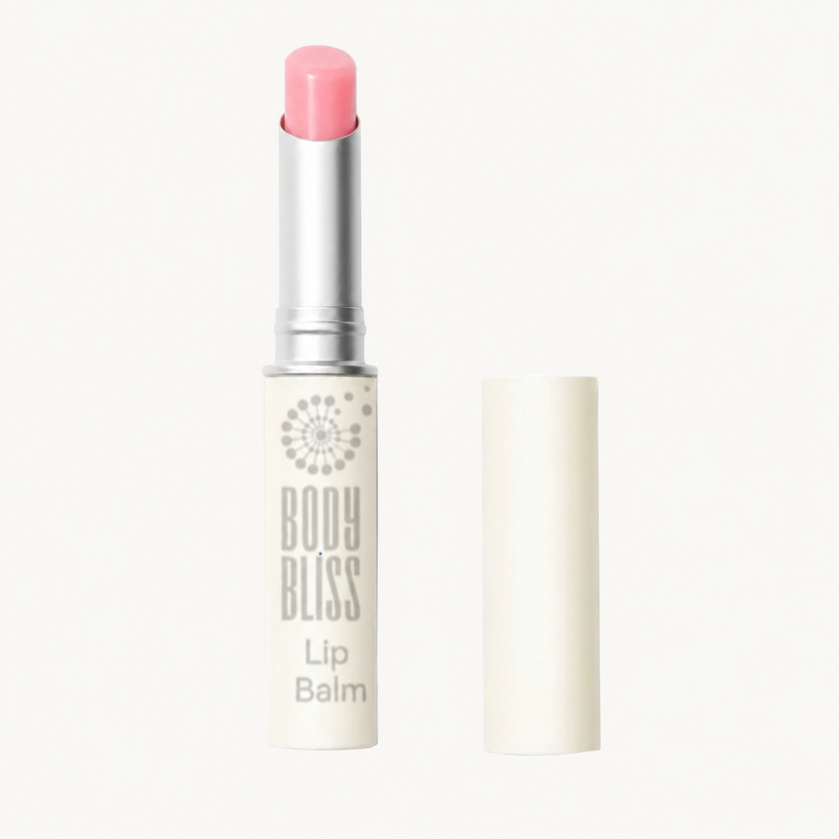 Pink Body Bliss lip balm with its ivory cap alongside on a warm ivory background