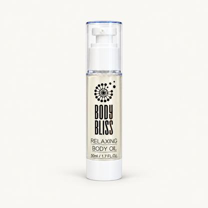 Body Bliss Relaxing Body Oil 50ml on warm ivory background
