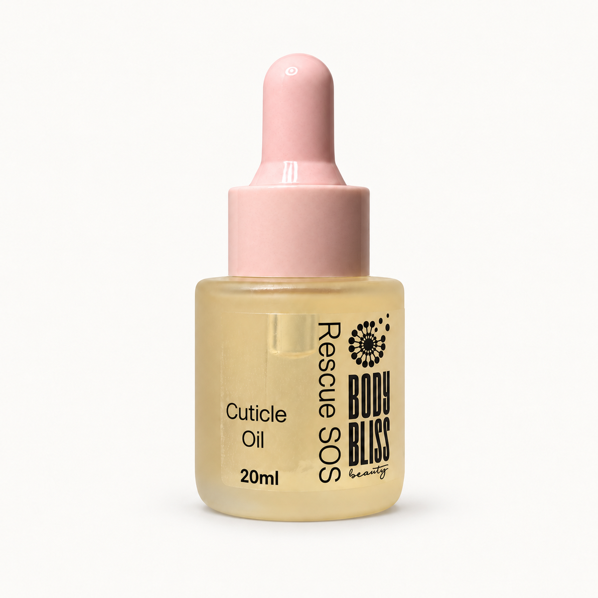 Body Bliss Rescue SOS Cuticle Oil 20ml on warm ivory background