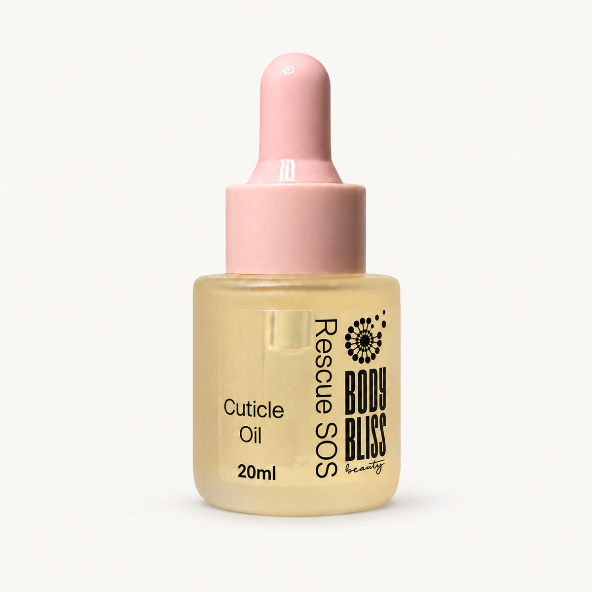 Body Bliss Rescue SOS Cuticle Oil 20ml with pink dropper on a warm ivory background