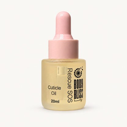 Body Bliss Rescue SOS Cuticle Oil 20ml with pink dropper on a warm ivory background