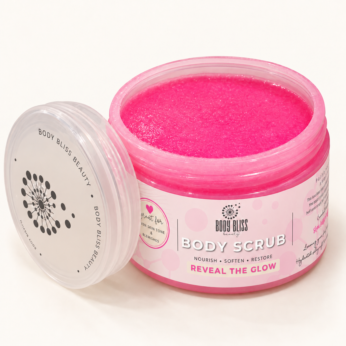Body Bliss Reveal the Glow glycolic body scrub mockup showing a clear tub of bright pink scrub with its labelled lid beside it.
