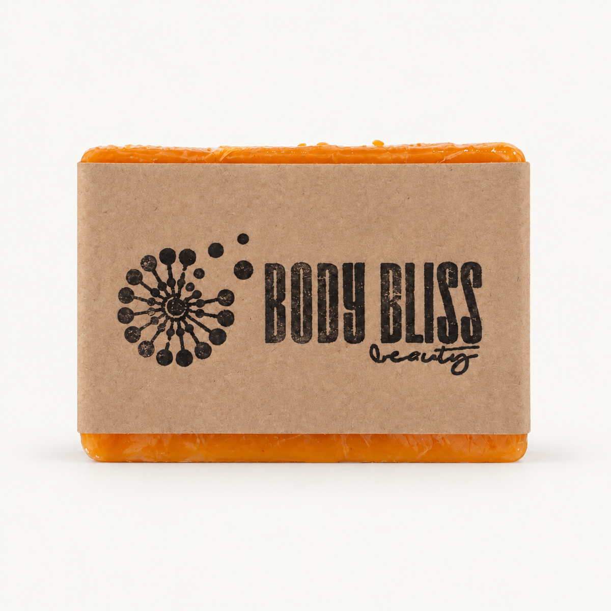 Single orange Body Bliss turmeric kojic soap bar in clear wrapping and a kraft-paper sleeve on warm ivory