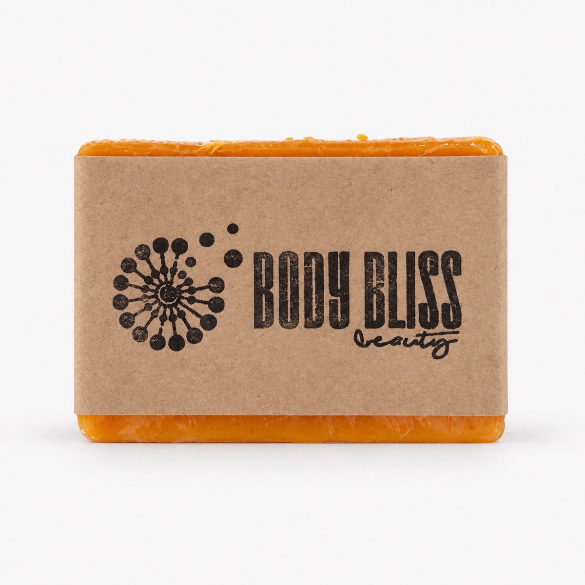 One orange Body Bliss soap bar wrapped in clear film with a kraft-paper sleeve