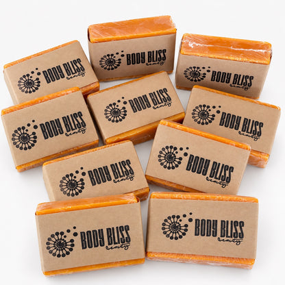 Individually wrapped orange Body Bliss soap bars; sold one bar per purchase