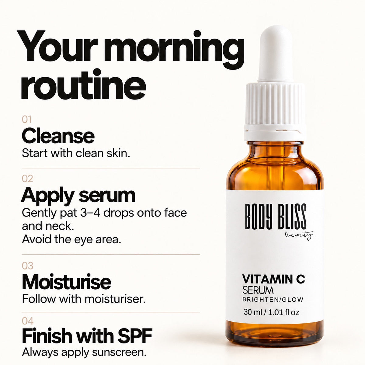 Body Bliss Vitamin C Serum morning routine: cleanse, gently pat 3–4 drops onto face and neck avoiding eyes, moisturise, and finish with SPF