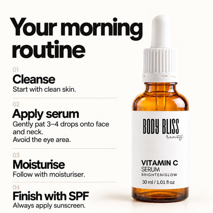 Body Bliss Vitamin C Serum morning routine: cleanse, gently pat 3–4 drops onto face and neck avoiding eyes, moisturise, and finish with SPF