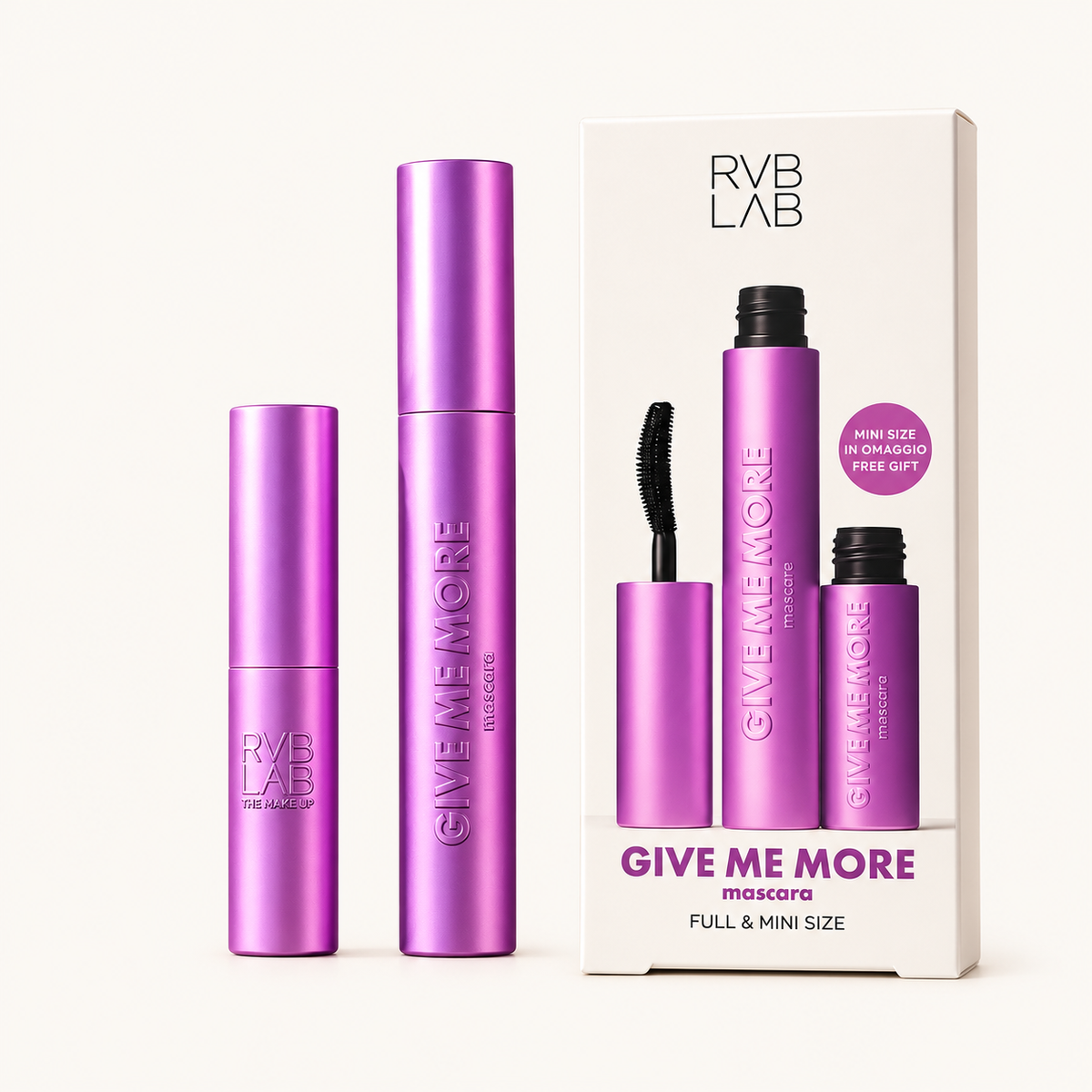 RVB LAB Give Me More full-size and mini mascara set with retail box on a plain warm beige background