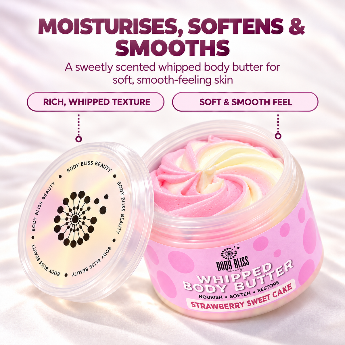 Strawberry Sweet Cake whipped body butter with pink and cream swirls and a matching Body Bliss benefits graphic.