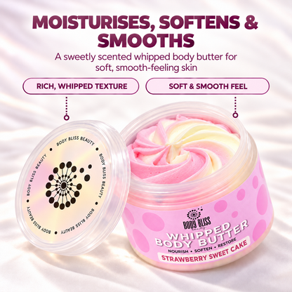 Strawberry Sweet Cake whipped body butter with pink and cream swirls and a matching Body Bliss benefits graphic.
